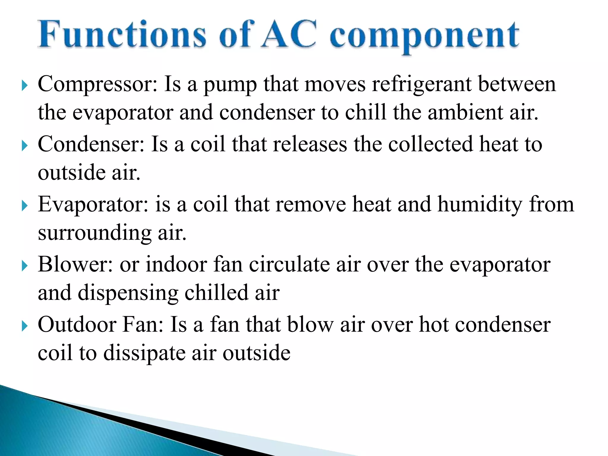  Compressor: Is a pump that moves refrigerant between
the evaporator and condenser to chill the ambient air.
 Condenser: Is a coil that releases the collected heat to
outside air.
 Evaporator: is a coil that remove heat and humidity from
surrounding air.
 Blower: or indoor fan circulate air over the evaporator
and dispensing chilled air
 Outdoor Fan: Is a fan that blow air over hot condenser
coil to dissipate air outside
 