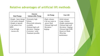 Relative advantages of artificial lift methods
Rod Pumps
Electric
Submersible Pump
Jet Pump Gas Lift
-Simple , basic design
-Unit easily changed
-Simple to operate
-Can achieve low
BPD
-Can lift high
viscous oils
-Extremely high
Volume
-Down-hole telemetry
available
-Tolerant high well
deviation / doglegs
-Corrosion / scale
Treatment possible
-High volumes
-Can use water as
power fluid
-Tolerant high well
Deviation /
doglegs
-Solid tolerant
-Large volumes
-Simple maintenance
-Tolerant high well
Deviation / doglegs
-Tolerant high GOR
Reservoir fluids
-Wire-line
maintenance
 