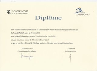 Le Diplome de la 1re Mention Jazz Ensemble - Conservatoire de La Ville de Luxembourg