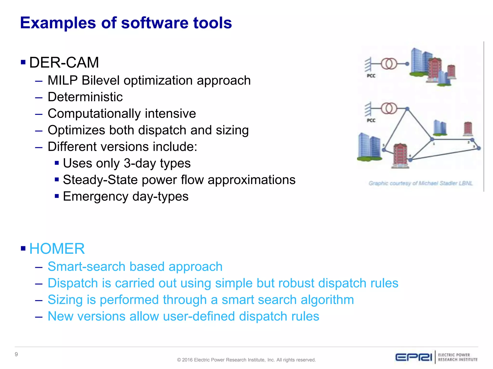 9
© 2016 Electric Power Research Institute, Inc. All rights reserved.
Examples of software tools
 DER-CAM
– MILP Bilevel optimization approach
– Deterministic
– Computationally intensive
– Optimizes both dispatch and sizing
– Different versions include:
 Uses only 3-day types
 Steady-State power flow approximations
 Emergency day-types
 HOMER
– Smart-search based approach
– Dispatch is carried out using simple but robust dispatch rules
– Sizing is performed through a smart search algorithm
– New versions allow user-defined dispatch rules
 
