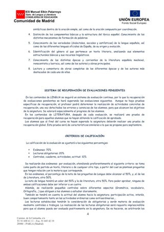 UNIÓN EUROPEA
Fondo Social Europeo
Camino. de la Cantueña, s/n
Tf. 91 698 61 11 – Fax. 91 605 42 19
28980 – PARLA (Madrid)
4
IES Manuel Elkin Patarroyo
De Dpto. de Lengua y Literatura
CONSEJERÍA DE EDUCACIÓN
Comunidad de Madrid
sintácticas dentro de la oración simple, así como de la oración compuesta por coordinación.
4. Distinción de los componentes básicos y la estructura del léxico español. Conocimiento de los
distintos mecanismos de formación de palabras.
5. Conocimiento de las variedades (dialectales, sociales y estilísticas) de la lengua española, así
como de las diferentes lenguas oficiales de España, de su origen y evolución.
6. Identificación del género al que pertenece un texto literario, analizando sus elementos
estructurales básicos y sus recursos lingüísticos.
7. Conocimiento de las distintas épocas y corrientes de la literatura española medieval,
renacentista y barroca, así como de los autores y obras principales.
8. Lectura y comentario de obras completas de las diferentes épocas y de los autores más
destacados de cada una de ellas.
SISTEMA DE RECUPERACIÓN DE EVALUACIONES PENDIENTES
En los contenidos de LENGUA se seguirá un sistema de evaluación continua, por lo que la recuperación
de evaluaciones pendientes se hará superando las evaluaciones siguientes. Aunque no haya pruebas
específicas de recuperación, el profesor podrá determinar la realización de actividades concretas de
recuperación, una vez detectados los errores y carencias de los alumnos, para que alcancen los objetivos
de la asignatura. Se valorará especialmente el progreso de los alumnos.
En los contenidos de LITERATURA, después de cada evaluación, se realizará una prueba de
recuperación para aquellos alumnos que no hayan obtenido la calificación de aprobado.
Los alumnos que al final del curso no hayan superado la asignatura deberán realizar una prueba de
recuperación global. Esta prueba será de características similares a la que se propone para septiembre.
CRITERIOS DE CALIFICACIÓN
La calificación de la evaluación se ajustará a los siguientes porcentajes:
 Exámenes: 70%
 Lecturas obligatorias: 20%
 Controles, cuaderno, actividades, actitud: 10%
Se realizarán dos exámenes por evaluación, atendiendo preferentemente al siguiente criterio: se toma
como punto de partida un texto, literario o de cualquier otro tipo, a partir del cual se plantean preguntas
que tengan relación con la materia que corresponde.
En los exámenes, el porcentaje de la nota de las preguntas de Lengua debe alcanzar el 50%, y, el de las
de Literatura, otro 50%.
La nota de lengua tendrá un valor del 50% y la de literatura, otro 50%. Para poder aprobar, ninguna de
ambas calificaciones debe ser inferior a un cuatro.
Además, se realizarán pequeños controles sobre diferentes aspectos (Gramática, vocabulario,
Ortografía,…) que obliguen a los alumnos a estudiar diariamente.
También se tendrá en cuenta la actitud del alumno hacia la asignatura; participación activa, interés,
buen comportamiento tanto en las actividades ordinarias como extraordinarias,…
Las lecturas establecidas tendrán la consideración de obligatorias y serán materia de evaluación
mediante controles o trabajos. La realización de las lecturas obligatorias será requisito imprescindible
para que el alumno pueda ser evaluado positivamente en la asignatura. De no hacerse, se arbitrarán los
 