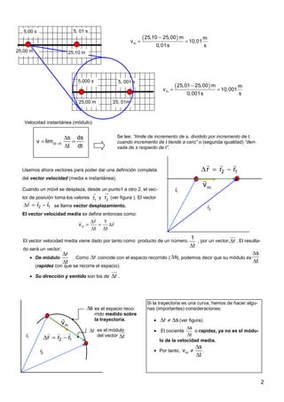 2
25,00 m
5, 01 s
25,10 m
5,00 s
t 0
s ds
v lim
t dt
∆ →
∆
= =
∆
Usemos ahora vectores para poder dar una definición completa
del vector velocidad (media e instantánea).
Cuando un móvil se desplaza, desde un punto1 a otro 2, el vec-
tor de posición toma los valores y (ver figura ). El vector
se llama vector desplazamiento.
El vector velocidad media se define entonces como:
2
r
u
r
1
r
r
1
2 r
r
r
r
r
r
−
=
∆
m
v
r
1
r
r
2
r
r
1
2 r
r
r
r
r
r
−
=
∆
5, 001 s
5,000 s
25,00 m 25, 01m
Se lee: “límite de incremento de s, dividido por incremento de t,
cuando incremento de t tiende a cero” o (segunda igualdad) “deri-
vada de s respecto de t”.
( )
−
= =
m
25,10 25,00 m m
v 10,01
0,01s s
( )
−
= =
m
25,01 25,00 m m
v 10,001
0,001s s
Velocidad instantánea (módulo):
es el espacio reco-
rrido medido sobre
la trayectoria.
es el módulo
del vector
r
∆ r
∆
r
m
r 1
v r
t t
∆
= = ∆
∆ ∆
r
r
r
El vector velocidad media viene dado por tanto como producto de un número, , por un vector, . El resulta-
do será un vector:
• De módulo . Como coincide con el espacio recorrido ( ), podemos decir que su módulo es
(rapidez con que se recorre el espacio).
• Su dirección y sentido son los de r
∆
uu
r
.
r
t
∆
∆
1
t
∆
r
∆
uu
r
r
∆ s
∆
s
t
∆
∆
m
v
r
2
r
r
1
2 r
r
r
r
r
r
−
=
∆
1
r
r
s
∆
Si la trayectoria es una curva, hemos de hacer algu-
nas (importantes) consideraciones:
• r s
∆ ≠ ∆ (ver figura).
• El cociente
t
s
∆
∆
o rapidez, ya no es el módu-
lo de la velocidad media.
• Por tanto, m
s
v
t
∆
≠
∆
.
r
∆
uu
r
 