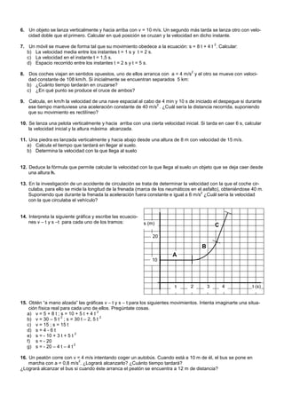 6. Un objeto se lanza verticalmente y hacia arriba con v = 10 m/s. Un segundo más tarda se lanza otro con velo-
cidad doble que el primero. Calcular en qué posición se cruzan y la velocidad en dicho instante.
7. Un móvil se mueve de forma tal que su movimiento obedece a la ecuación: s = 8 t + 4 t
2
. Calcular:
b) La velocidad media entre los instantes t = 1 s y t = 2 s.
c) La velocidad en el instante t = 1,5 s.
d) Espacio recorrido entre los instantes t = 2 s y t = 5 s.
8. Dos coches viajan en sentidos opuestos, uno de ellos arranca con a = 4 m/s
2
y el otro se mueve con veloci-
dad constante de 108 km/h. Si inicialmente se encuentran separados 5 km:
b) ¿Cuánto tiempo tardarán en cruzarse?
c) ¿En qué punto se produce el cruce de ambos?
9. Calcula, en km/h la velocidad de una nave espacial al cabo de 4 min y 10 s de iniciado el despegue si durante
ese tiempo mantuviese una aceleración constante de 40 m/s
2
. ¿Cuál sería la distancia recorrida, suponiendo
que su movimiento es rectilíneo?
10. Se lanza una pelota verticalmente y hacia arriba con una cierta velocidad inicial. Si tarda en caer 6 s, calcular
la velocidad inicial y la altura máxima alcanzada.
11. Una piedra es lanzada verticalmente y hacia abajo desde una altura de 8 m con velocidad de 15 m/s.
a) Calcula el tiempo que tardará en llegar al suelo.
b) Determina la velocidad con la que llega al suelo
12. Deduce la fórmula que permite calcular la velocidad con la que llega al suelo un objeto que se deja caer desde
una altura h.
13. En la investigación de un accidente de circulación se trata de determinar la velocidad con la que el coche cir-
culaba, para ello se mide la longitud de la frenada (marca de los neumáticos en el asfalto), obteniéndose 40 m.
Suponiendo que durante la frenada la aceleración fuera constante e igual a 6 m/s
2
¿Cuál sería la velocidad
con la que circulaba el vehículo?
14. Interpreta la siguiente gráfica y escribe las ecuacio-
nes v – t y s –t para cada uno de los tramos:
15. Obtén “a mano alzada” las gráficas v – t y s – t para los siguientes movimientos. Intenta imaginarte una situa-
ción física real para cada uno de ellos. Pregúntate cosas.
a) v = 5 + 8 t ; s = 10 + 5 t + 4 t
2
b) v = 30 – 5 t
2
; s = 30 t – 2, 5 t
2
c) v = 15 ; s = 15 t
d) s = 4 - 6 t
e) s = - 10 + 3 t + 5 t
2
f) s = - 20
g) s = - 20 – 4 t – 4 t
2
16. Un peatón corre con v = 4 m/s intentando coger un autobús. Cuando está a 10 m de él, el bus se pone en
marcha con a = 0,8 m/s
2
. ¿Logrará alcanzarlo? ¿Cuánto tiempo tardará?
¿Logrará alcanzar el bus si cuando éste arranca el peatón se encuentra a 12 m de distancia?
t (s)
4
20
1 3
10
2
s (m)
A
B
C
 
