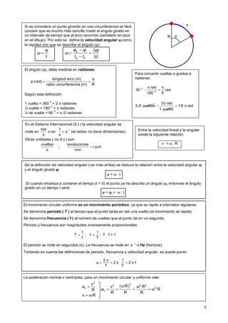 2
Si se considera un punto girando en una circunferencia es fácil
concluir que es mucho más sencillo medir el ángulo girado en
un intervalo de tiempo que el arco recorrido (señalado en azul
en el dibujo). Por esto se define la velocidad angular ω
ω
ω
ω como
la rapidez con que se describe el ángulo (ϕ):
t
ϕ
ω = 2 1
2 1
t t t
ϕ − ϕ ∆ϕ
ω = =
− ∆
El ángulo (ϕ), debe medirse en radianes:
longitud arco (m) s
(rad)
radio circunferencia (m) R
ϕ = =
Según esta definición:
1 vuelta = 360
0
= 2 π radianes
½ vuelta = 180
0
= π radianes
¼ de vuelta = 90
0
= π /2 radianes
Para convertir vueltas o grados a
radianes:
0
0
rad
30 rad
6
180
π π
=
0,9 vueltas
2 rad
1 vuelta
π
1,8 rad
= π
En el Sistema Internacional (S.I.) la velocidad angular se
mide en
rad
s
o en 1
1
s
s
−
= (el radian no tiene dimensiones)
Otras unidades ( no S.I.) son:
vueltas
s
;
revoluciones
r.p.m
min
=
De la definición de velocidad angular (ver más arriba) se deduce la relación entre la velocidad angular ω
ω
ω
ω
y el ángulo girado ϕ
ϕ
ϕ
ϕ:
ϕ = ω . t
Si cuando empieza a contarse el tiempo (t = 0) el punto ya ha descrito un ángulo ϕ0, entonces el ángulo
girado en un tiempo t será:
ϕ = ϕ0 + ω . t.
Entre la velocidad lineal y la angular
existe la siguiente relación:
v = ω . R
ϕ
s
R
El movimiento circular uniforme es un movimiento periódico, ya que se repite a intervalos regulares.
Se denomina periodo ( T ) al tiempo que el punto tarda en dar una vuelta (el movimiento se repite).
Se denomina frecuencia ( f ) al número de vueltas que el punto da en un segundo.
Periodo y frecuencia son magnitudes inversamente proporcionales:
1
T
f
= ;
1
f
T
= ; T . f = 1
El periodo se mide en segundos (s) .La frecuencia se mide en 1
s−
o Hz (hertzios)
Teniendo en cuenta las definiciones de periodo, frecuencia y velocidad angular, se puede poner:
2 1
2 2 f
T T
π
ω = = π = π
La aceleración normal o centrípeta, para un movimiento circular y uniforme vale:
2
n
v
a
R
v R
=
= ω
( )
2
2 2 2
2
n
R
v R
a R
R R R
ω ω
= = = = ω
 