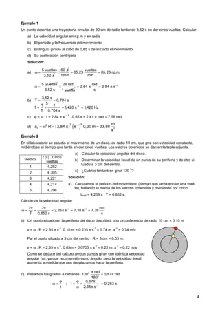 4
Ejemplo 1
Un punto describe una trayectoria circular de 30 cm de radio tardando 3,52 s en dar cinco vueltas. Calcular:
a) La velocidad angular en r.p.m y en rad/s
b) El periodo y la frecuencia del movimiento
c) El ángulo girado al cabo de 0,85 s de iniciado el movimiento.
d) Su aceleración centrípeta
Solución:
a)
5 vueltas
3,52 s
ω =
60 s vueltas
85,23 85,23 r.p.m.
1min min
= =
5 vueltas
ω =
2 rad
3,52 s 1 vuelta
π 1
rad
2,84 2,84 s
s
−
= π = π
b)
3,52 s
T 0,704 s
5
= =
c) ϕ = ω . t = 2,84 π s
– 1
. 0,85 s = 2,41 π rad ≈ 7,58 rad
d) ( ) ( )
2
2
2 1
n 2
m
a R 2,84 s 0,30 m 23,88
s
−
= ω = π =
Ejemplo 2
En el laboratorio se estudia el movimiento de un disco, de radio 10 cm, que gira con velocidad constante,
midiéndose el tiempo que tarda en dar cinco vueltas. Los valores obtenidos se dan en la tabla adjunta.
a) Calcular la velocidad angular del disco.
b) Determinar la velocidad lineal de un punto de su periferia y de otro si-
tuado a 3 cm del centro.
c) ¿Cuánto tardará en girar 120
0
?
Solución:
a) Calculamos el periodo del movimiento (tiempo que tarda en dar una vuel-
ta), hallando la media de los valores obtenidos y dividiendo por cinco:
tmed = 4,258 s ; T = 0,852 s.
Cálculo de la velocidad angular :
1 1
2 2 rad
2,35 s 7,38 s 7,38
T 0,852 s s
− −
π π
ω = = = π ≈ =
b) Un punto situado en la periferia del disco describirá una circunferencia de radio 10 cm = 0,10 m
v = ω . R = 2,35 π s
-1
. 0,10 m = 0,235 π s
-1
≈ 0,74 m .s
-1
= 0,74 m/s
Par el punto situado a 3 cm del centro : R = 3 cm = 0,03 m:
v = ω . R = 2,35 π s
-1
. 0,03m = 0,0705 π s
-1
≈ 0,22 m .s
-1
= 0,22 m/s
Como se deduce del cálculo ambos puntos giran con idéntica velocidad
angular (ω), ya que recorren el mismo ángulo, pero la velocidad lineal
aumenta a medida que nos desplazamos hacia la periferia.
c) Pasamos los grados a radianes: 0
0
rad
120 0,67 rad
180
π
= π
Medida
t (s) . Cinco
vueltas
1 4,252
2 4,305
3 4,221
4 4,214
5 4,296
1
1 1
f 1,420 s 1,420 Hz
T 0,704 s
−
= = = =
1
0,67
; t 0,283 s
t 2,35 s−
ϕ ϕ π
ω = = = =
ω π
 
