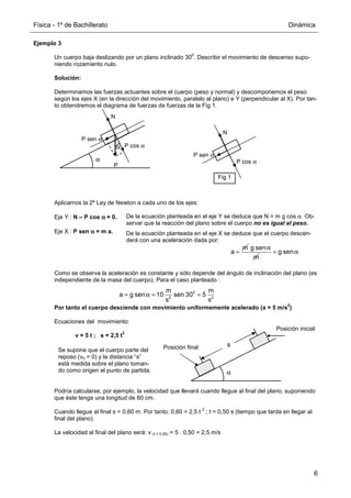 Física - 1º de Bachillerato Dinámica
6
Ejemplo 3
Un cuerpo baja deslizando por un plano inclinado 30
0
. Describir el movimiento de descenso supo-
niendo rozamiento nulo.
Solución:
Determinamos las fuerzas actuantes sobre el cuerpo (peso y normal) y descomponemos el peso
según los ejes X (en la dirección del movimiento, paralelo al plano) e Y (perpendicular al X). Por tan-
to obtendremos el diagrama de fuerzas de fuerzas de la Fig 1.
Aplicamos la 2ª Ley de Newton a cada uno de los ejes:
Eje Y : N – P cos α
α
α
α = 0.
Eje X : P sen α
α
α
α = m a.
Como se observa la aceleración es constante y sólo depende del ángulo de inclinación del plano (es
independiente de la masa del cuerpo). Para el caso planteado :
Por tanto el cuerpo desciende con movimiento uniformemente acelerado (a = 5 m/s
2
)
Ecuaciones del movimiento:
v = 5 t ; s = 2,5 t
2
Podría calcularse, por ejemplo, la velocidad que llevará cuando llegue al final del plano, suponiendo
que éste tenga una longitud de 60 cm.
Cuando llegue al final s = 0,60 m. Por tanto: 0,60 = 2,5 t
2
; t = 0,50 s (tiempo que tarda en llegar al
final del plano).
La velocidad al final del plano será: v (t = 0,50) = 5 . 0,50 = 2,5 m/s
α
P
N
α P cos α
P sen α
N
P cos α
P sen α
Fig 1
De la ecuación planteada en el eje Y se deduce que N = m g cos α. Ob-
servar que la reacción del plano sobre el cuerpo no es igual al peso.
De la ecuación planteada en el eje X se deduce que el cuerpo descen-
derá con una aceleración dada por:
m
a =
g sen
m
α
g sen
= α
0
2 2
m m
a g sen 10 sen 30 5
s s
= α = =
Se supone que el cuerpo parte del
reposo (v0 = 0) y la distancia “s”
está medida sobre el plano toman-
do como origen el punto de partida. α
s
Posición inicial
Posición final
 
