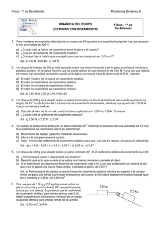 Física 1º de Bachillerato Problemas Dinámica II
DINÁMICA DEL PUNTO
(SISTEMAS CON ROZAMIENTO)
Física - 1º de
Bachillerato
1. Para mantener constante la velocidad de un cuerpo de 80 kg sobre una superficie horizontal hay que empujar-
lo con una fuerza de 320 N.
a) ¿Cuánto vale la fuerza de rozamiento entre el plano y el cuerpo?
b) ¿Cuál es el coeficiente de rozamiento cinético?
c) ¿Con qué fuerza habría que empujarlo para que se mueva con a= 0,2 m /s
2
?
Sol: a) 320 N ; b) 0,40 ; c) 336 N
2. Un bloque de madera de 200 g está apoyado sobre una mesa horizontal y se le aplica una fuerza creciente y
paralela al plano. Si la fuerza máxima que se puede aplicar sin que deslice es de 0,60 N, y una vez que desliza
se mueve con velocidad constante cuando se le aplica una fuerza hacia la derecha de 0,40 N. Calcular:
a) El valor máximo de la fuerza de rozamiento estática.
b) El valor del coeficiente de rozamiento estático.
c) El valor de la fuerza de rozamiento cinética.
d) El valor del coeficiente de rozamiento cinético.
Sol: a) 0,60 N b) 0,30 c) 0,40 N d) 0,20
3. Un bloque de 300 g está situado sobre un plano horizontal y se tira de él mediante una cuerda que forma un
ángulo de 25
0
con la horizontal. La fuerza se va aumentando lentamente, viéndose que a partir de 1,50 N el
cuerpo comienza a deslizar.
a) Calcular el valor de la normal cuando la fuerza aplicada son 1,00 N y 1,50 N. Comenta
b) ¿Cuánto vale el coeficiente de rozamiento estático?
Sol: a) 2,56 N y 2,37 N b) 0,57
4. Un cuerpo se lanza hacia arriba por un plano inclinado 25
0
iniciando el ascenso con una velocidad de 5,6 m/s.
Si el coeficiente de rozamiento vale 0,40. Determinar:
a) Movimiento del cuerpo (describir mediante ecuaciones)
b) Altura a la que permanecerá parado.
c) Valor mínimo del coeficiente de rozamiento estático para que, una vez en reposo, el cuerpo no descienda.
Sol : a) v = 5,6 – 7,85 t; s = 5,6 t – 3,93 t
2
; b) 0,85 m ; c) 0,47
5. Un bloque de 400 g está situado sobre un plano inclinado 30
0
. Si el coeficiente estático de rozamiento es 0,65:
a) ¿Permanecerá quieto o descenderá por el plano?
b) Describir qué es lo que sucede si se aplica una fuerza creciente y paralela al plano.
c) Si el coeficiente de rozamiento dinámico de rozamiento vale 0,45 ¿con qué aceleración se moverá el blo-
que si se le aplica una fuerza hacia arriba, y paralela al plano, de 5,0 N?
Sol: a) Permanecerá en reposo ya que la fuerza de rozamiento estática máxima es superior a la compo-
nente del peso que tiende a provocar el descenso del cuerpo. b) No habrá deslizamiento para fuerzas igua-
les o menores a 4,25 N ; b) 3,60 m/s
2
6. Dos cuerpos de 1,0 kg y 2,0 kg descansan sobre un
plano horizontal y uno inclinado 30
0
, respectivamente,
unidos por una cuerda. Suponiendo que el coeficiente
de rozamiento cinético para ambos planos vale 0,35,
hallar la aceleración del sistema y tensión de la cuerda
(supuesta idéntica para ambas ramas de la cuerda)
Sol: 0,15 m/s
2
; 3,65 N
1,0 kg
2,0 kg
 