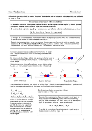 Física 1º de Bachillerato Momento lineal
2
El impulso mecánico tiene la misma ecuación dimensional que el momento lineal y en el S.I de unidades
se mide en N. s.
Principio de conservación del momento lineal
El momento lineal de un sistema sobre el que no actúa fuerza externa alguna (o varias que se
componen para dar una resultante nula), permanece constante.
Si partimos de la expresión y consideramos que la fuerza externa resultante es nula, se tiene:
p F t
∆ = ∆
r r
= ⇒ ∆ = =
Sí F 0 p 0. Esto es :p constante
r r r
El Principio de conservación del momento lineal tiene múltiples aplicaciones. Una muy característica es
su aplicación al estudio de las colisiones entre cuerpos.
Cuando dos cuerpos chocan, en el momento del choque, aparecen fuerzas de acción y reacción entre
los objetos. Si consideramos el sistema formado por ambos cuerpos éstas serán fuerzas internas
cumpliéndose, por tanto, la condición de que la fuerza externa actuante es nula.
Fuerzas que actúan sobre dos bolas en el momento de la coli-
sión. La bola roja se movía hacia la derecha y la azul hacia la
izquierda.
En el momento del choque la bola roja ejerce una fuerza hacia la
derecha sobre la azul y la azul una igual y contraria (reacción)
sobre la roja).
Si consideramos el sistema formado por ambos objetos estas
fuerzas son internas (ejercidas entre elementos del sistema)
V1 V2
m1 m2
V1
*
V2
*
m2
m1
Antes del choque Durante el choque Después del choque
=
+ = +
+ = +
antes después
* *
1 2 1 2
* *
1 2 1 2
1 2 1 2
p p
p p p p
m v m v m v m v
r r
r r r r
r r r r
Donde las magnitudes con asterisco indican
valores después del choque.
Como se puede observar cuando
dos objetos chocan y el momento
lineal se mantiene constante la
pérdida de momento experimen-
tado por uno de ellos ha de ser
ganado por el otro. De aquí que
se diga que se produce una
transferencia de momento entre
los cuerpos.
Las únicas fuerzas externas que actúan se anulan (peso y normal, que no se han pintado) y considerando
que las fuerzas actuantes durante el choque son interiores, podemos escribir:
Cuando el choque es como el que se muestra en la figura el
choque se denomina frontal y como el movimiento antes y
después tiene lugar según una única dirección, se puede pres-
cindir de la notación vectorial y poner simplemente :
m1 v1 + m2 v2 = m1 v1
*
+ m2 v2
*
El sentido de movimiento (hacia la izquierda o hacia la dere-
cha) se indica mediante el signo + ó -
F21 F12
 
