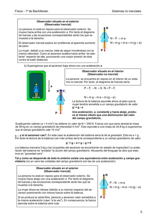 Física - 1º de Bachillerato Sistemas no inerciales
5
b) Supongamos que el ascensor baja ahora con una aceleración a
¿… y si el ascensor cae?. En este caso la aceleración del sistema sería la de la gravedad. Esto es a = g.
Por tanto la lectura de la balanza (ver más arriba) sería la correspondiente a un campo gravitatorio de valor:
g´ = g – a = g – g = 0
¡La balanza marcaría 0 kg y los ocupantes del ascensor se encontrarían en estado de ingravidez! La acele-
ración del sistema ha “anulado” la acción del campo gravitatorio. Abusando del lenguaje se dice que esta-
mos en “gravedad cero”.
Tal y como se desprende de todo lo anterior existe una equivalencia entre aceleración y campo gra-
vitatorio (no en vano las unidades del campo gravitatorio son las de una aceleración).
a
Fi
P
N
i i
P F N 0; N P F
N m g m a m (g a)
− − = = −
= − = −
La lectura de la balanza equivale ahora al peso que la
mujer tendría sometida a un campo gravitatorio de valor
g’ = g - a
Una aceleración, a, constante y hacia abajo, produ-
ce el mismo efecto que una disminución del valor
del campo gravitatorio.
Sustituyendo valores (a = 4 m/s
2
) se obtiene un valor de N = 348 N. Fuerza con que sería atraída la masa
de 58 kg en un campo gravitatorio de intensidad 4 m/s
2
. Esto equivale a una masa de 34,8 kg si suponemos
que el campo gravitatorio vale 10 m/s
2
Observador situado en el exterior
(Observador inercial)
La persona no está en reposo para el observador externo. Se
mueve hacia arriba con una aceleración a. Por tanto el diagrama
de fuerzas y las ecuaciones correspondientes serán los que se
muestra a la derecha.
El observador inercial explica sin problemas el aparente aumento
de peso:
La mujer, debido a su inercia, trata de seguir moviéndose con la
misma velocidad. Como el ascensor acelera hacia arriba “se ade-
lanta” respecto de ella, provocando una mayor presión de ésta
contra el suelo (balanza)
P
N
N P m a
N m g m a m (g a)
− =
= + = +
Observador situado en el interior
(Observador no inercial)
La persona se encuentra en reposo en el interior de un siste-
ma no inercial. Por tanto, el diagrama de fuerzas sería:
Observador situado en el exterior
(Observador inercial)
La persona no está en reposo para el observador externo. Se
mueve hacia abajo con una aceleración a. Por tanto el diagrama
de fuerzas y las ecuaciones correspondiente serán las que se
muestra a la derecha.
La mujer ahora se retrasa (debido a su inercia) respecto del as-
censor presionando con menos fuerza sobre la balanza.
Si se produce la caída libre, persona y ascensor caen sometidos a
la misma aceleración (caen “a la vez”). En consecuencia, la fuerza
ejercida sobre la balanza será nula.
P
N
P N m a
N m g m a m (g a)
− =
= − = −
 
