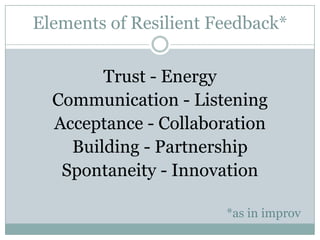 Elements of Resilient Feedback*Trust - EnergyCommunication - ListeningAcceptance - CollaborationBuilding - PartnershipSpontaneity - Innovation*as in improv