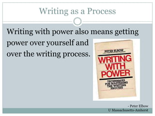Writing as a ProcessWriting with power also means gettingpower over yourself and over the writing process.- Peter ElbowU Massachusetts-Amherst