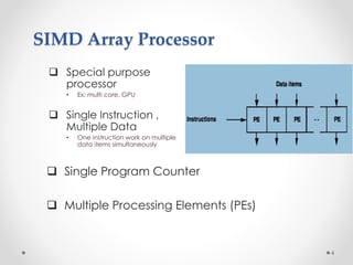 SIMD Array Processor
 Special purpose
processor
• Ex: multi core, GPU
 Single Instruction ,
Multiple Data
• One instruction work on multiple
data items simultaneously
4
 Single Program Counter
 Multiple Processing Elements (PEs)
 