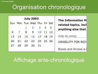 Organisation chronologique 2. Fonctionnalités Affichage ante-chronologique 