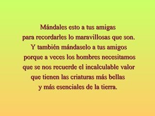 MMáánnddaalleess eessttoo aa ttuuss aammiiggaass 
ppaarraa rreeccoorrddaarrlleess lloo mmaarraavviilllloossaass qquuee ssoonn.. 
YY ttaammbbiiéénn mmáánnddaasseelloo aa ttuuss aammiiggooss 
ppoorrqquuee aa vveecceess llooss hhoommbbrreess nneecceessiittaammooss 
qquuee ssee nnooss rreeccuueerrddee eell iinnccaallccuullaabbllee vvaalloorr 
qquuee ttiieenneenn llaass ccrriiaattuurraass mmááss bbeellllaass 
yy mmááss eesseenncciiaalleess ddee llaa ttiieerrrraa.. 
 