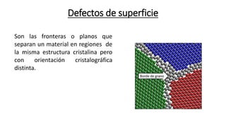 Son las fronteras o planos que
separan un material en regiones de
la misma estructura cristalina pero
con orientación cristalográfica
distinta.
Defectos de superficie
 