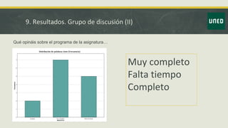 9. Resultados. Grupo de discusión (II)
Qué opináis sobre el programa de la asignatura…
Muy completo
Falta tiempo
Completo
 