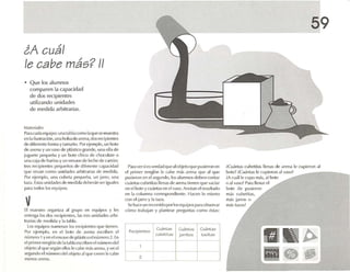 P.n.lversies verdad que .11ob jl.'lnque pusieron en
el primer fl'n¡;lún le , .11Je m.is arena que ,11que
pushvon en el segundo, los alumnos dehen contar
cuántas culx'lil.1S llenas de an-na tionen (lll(~ variar
en 1,1 bote ycuántas en elvaso. Anc t.m d resultado
en 1.1 colu mna correspondiente. Hacen lo mismo
con 1,1jarro y 1.1I.l1il.
Seh ,lCl' un recorrido IXlfloscqufpos p.lraobservar
cómo Ir.l ll.lj.lll y plantear pregulll.1S r omo éstas:
L_-'_
59
iCu.ínl.1S(·ulx·lil.1S llenas lit ! arena le cupiere n .11
IxJle? K u.ínl.1s le CUpil'fUO al V.1SO?
lA cuál le cupo m.ls• •11 holt'
o al V.1SO? P.u .1 I1pn.Hl'I
Ix)le lle pusieron
rnés cubctltas,
más [a-ros o
01.15 Ialas?
CU,1ntm;
t.acttae
-
1-- -
-
Cuántos
jarrrrce
Cu/.Ínta!:'>
cuberttae
Kcclplcnt ce
1-
1-_2_
• Q ue los alumnos
com paren la capacidad
de dos recipientes
utilizando unidades
de medida arbitrarias.
vEl maest ro organila .11 grupo en ('quipos y los
(,fllrt'g,l los dos f('ó pil'IlIl'S, las If('Sunidade-s nrbi-
trartas dl' medid,) y la 1,1hl".
Los e-quipos numeran los recipientes qU l' tienen.
Por pi('mplo, en el bote cll' ,}Ven,l csrnbcn el
númom 1 yen elenvase (1(' 1)1,)SliClIl'!número 2. En
elprinwrfenglón (le l,ll.l bl.l esn illt.'n elnúmero dol
ohjl'lO.11que seglín dios le cabe m.ts.uena. yen el
segundo el número del objetl).11que en-en le cabe
menos arena.
i A cuál
le cabe más? 11
M.J!l'riaiL'S
P,Jr.l {'ild,1equipo: un.l lilbl,¡comola' ILJl'!>ernllL~l r.l
en1.1iluSlr"d ún, un.llxllsa de 'Hen,l,dos rectpierues
(le di ferente forma ylam .lñl). Por ejemplo, un bo te
dI' .1It'n.1 y un V,1S0 de plástico sr.lnde. una olla de
[ugucre pequeña y un bote chico de choc olate o
una e., j., de harina y un envase e!l· leche de cartón .
tR'S rec ipientes pequeños (k, ditcrcruc capacidad
que sirvan como unidades .ubilr.ui.1Sde medida.
Por ejemplo, una t'uhel.l pl"l¡UCñ.l, un j.urn, una
1.....1. E!.t.1Sunidades de medida dl'lx'r.'in ser iguales
p.n.1 IIxlos los equipos.
 