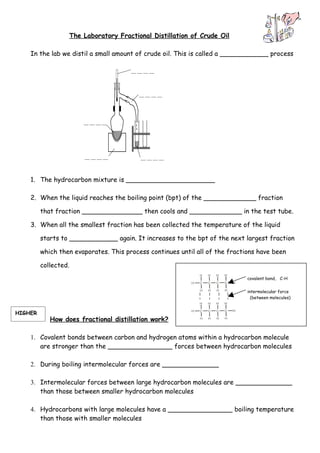 The Laboratory Fractional Distillation of Crude Oil

    In the lab we distil a small amount of crude oil. This is called a ____________ process

                                       ————



                                         ————




                       ————




                       ————               ————



    1. The hydrocarbon mixture is ______________________

    2. When the liquid reaches the boiling point (bpt) of the _____________ fraction

         that fraction _______________ then cools and _____________ in the test tube.

    3. When all the smallest fraction has been collected the temperature of the liquid

         starts to ____________ again. It increases to the bpt of the next largest fraction

         which then evaporates. This process continues until all of the fractions have been

         collected.
                                                                              covalent bond, C-H


                                                                              intermolecular force
                                                                                (between molecules)


HIGHER
            How does fractional distillation work?

    1. Covalent bonds between carbon and hydrogen atoms within a hydrocarbon molecule
       are stronger than the ________________ forces between hydrocarbon molecules

    2. During boiling intermolecular forces are ______________

    3. Intermolecular forces between large hydrocarbon molecules are ______________
       than those between smaller hydrocarbon molecules

    4. Hydrocarbons with large molecules have a ________________ boiling temperature
       than those with smaller molecules
 