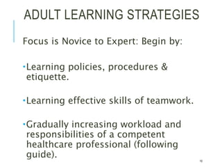 ADULT LEARNING STRATEGIES
Focus is Novice to Expert: Begin by:
Learning policies, procedures &
etiquette.
Learning effective skills of teamwork.
Gradually increasing workload and
responsibilities of a competent
healthcare professional (following
guide). 10
 