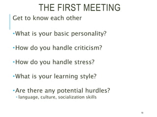 THE FIRST MEETING
Get to know each other
What is your basic personality?
How do you handle criticism?
How do you handle stress?
What is your learning style?
Are there any potential hurdles?
 language, culture, socialization skills
19
 