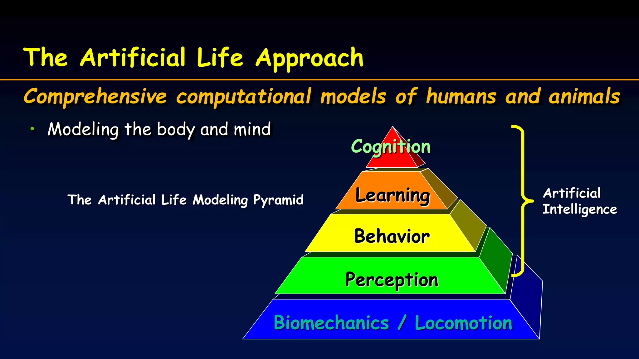 Physics
The Artificial Life Approach
Comprehensive computational models of humans and animals
• Modeling the body and mind
Biomechanics / Locomotion
Perception
Behavior
Learning
Cognition
The Artificial Life Modeling Pyramid
Artificial
Intelligence
 