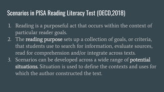 Scenarios in PISA Reading Literacy Test (OECD,2018)
1. Reading is a purposeful act that occurs within the context of
particular reader goals.
2. The reading purpose sets up a collection of goals, or criteria,
that students use to search for information, evaluate sources,
read for comprehension and/or integrate across texts.
3. Scenarios can be developed across a wide range of potential
situations. Situation is used to deﬁne the contexts and uses for
which the author constructed the text.
 