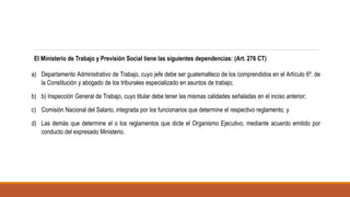 El Ministerio de Trabajo y Previsión Social tiene las siguientes dependencias: (Art. 276 CT)
a) Departamento Administrativo de Trabajo, cuyo jefe debe ser guatemalteco de los comprendidos en el Artículo 6º. de
la Constitución y abogado de los tribunales especializado en asuntos de trabajo;
b) b) Inspección General de Trabajo, cuyo titular debe tener las mismas calidades señaladas en el inciso anterior;
c) Comisión Nacional del Salario, integrada por los funcionarios que determine el respectivo reglamento; y
d) Las demás que determine el o los reglamentos que dicte el Organismo Ejecutivo, mediante acuerdo emitido por
conducto del expresado Ministerio.
 
