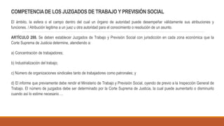 COMPETENCIA DE LOS JUZGADOS DE TRABAJO Y PREVISIÓN SOCIAL
El ámbito, la esfera o el campo dentro del cual un órgano de autoridad puede desempeñar válidamente sus atribuciones y
funciones. / Atribución legitima a un juez u otra autoridad para el conocimiento o resolución de un asunto.
ARTÍCULO 288. Se deben establecer Juzgados de Trabajo y Previsión Social con jurisdicción en cada zona económica que la
Corte Suprema de Justicia determine, atendiendo a:
a) Concentración de trabajadores;
b) Industrialización del trabajo;
c) Número de organizaciones sindicales tanto de trabajadores como patronales; y
d) El informe que previamente debe rendir el Ministerio de Trabajo y Previsión Social, oyendo de previo a la Inspección General de
Trabajo. El número de juzgados debe ser determinado por la Corte Suprema de Justicia, la cual puede aumentarlo o disminuirlo
cuando así lo estime necesario….
 