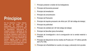 Principios
1. Principio protector o tutelar de los trabajadores
2. Principio de Economía procesal
3. Principio de Inmediación
4. Principio de concentración
5. Principio de Preclusión
6. Principio de impulso procesal o de oficio (art. 321 del código de trabajo)
7. Principio de publicidad
8. Principio de oralidad (art. 321 del código de trabajo)
9. Principio de Sencillez (poco formalista)
10. Principio de investigación o de la averiguación de la verdad material o
histórica.
11. Principio de Adquisición de los medios de Prueba (art. 177 último párrafo
del C.P.C.Y.M.)
12. Principio de la flexibilidad en cuanto a la carga y valoración de la prueba
Son las directrices o líneas matrices,
dentro de las cuales han de
desarrollarse las instituciones del
proceso, auxiliando al juez en su labor
de interpretación, determinando el
verdadero alcance y significado de las
normas procesales y de integración de
las mismas, inspirando a éste al crear o
completar normas en el caso de lagunas
procesales. / Las líneas directrices que
informan algunas normas e inspiran
directa o indirectamente una serie de
soluciones por lo que pueden servir para
promover y encauzar la aprobación.
 