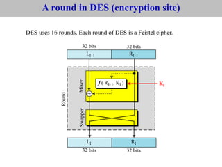 DES uses 16 rounds. Each round of DES is a Feistel cipher.
A round in DES (encryption site)
 