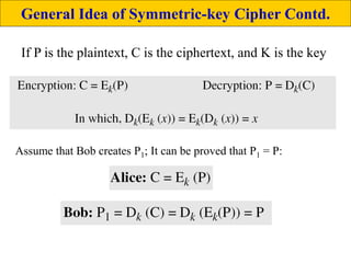 General Idea of Symmetric-key Cipher Contd.
If P is the plaintext, C is the ciphertext, and K is the key
Assume that Bob creates P1; It can be proved that P1 = P:
 