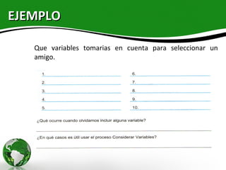 EJEMPLO

   Que variables tomarias en cuenta para seleccionar un
   amigo.
 