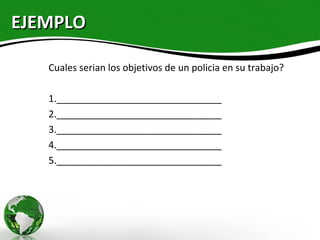 EJEMPLO

   Cuales serian los objetivos de un policia en su trabajo?

   1._______________________________
   2._______________________________
   3._______________________________
   4._______________________________
   5._______________________________
 