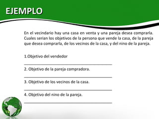 EJEMPLO

   En el vecindario hay una casa en venta y una pareja desea comprarla.
   Cuales serian los objetivos de la persona que vende la casa, de la pareja
   que desea comprarla, de los vecinos de la casa, y del nino de la pareja.

   1.Objetivo del vendedor
   ________________________________________
   2. Objetivo de la pareja compradora.
   ________________________________________
   3. Objetivo de los vecinos de la casa.
   ________________________________________
   4. Objetivo del nino de la pareja.
   ________________________________________
 