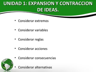 UNIDAD 1: EXPANSION Y CONTRACCION
             DE IDEAS.
    • Considerar extremos

    • Considerar variables

    • Considerar reglas

    • Considerar acciones

    • Considerar consecuencias

    • Considerar alternativas
 