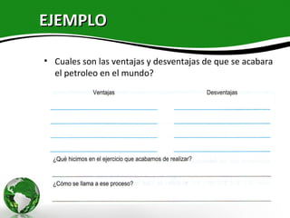 EJEMPLO

• Cuales son las ventajas y desventajas de que se acabara
  el petroleo en el mundo?
 