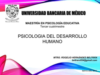MAESTRÍA EN PSICOLOGÍA EDUCATIVA
Tercer cuatrimestre
PSICOLOGIA DEL DESARROLLO
HUMANO
MTRO. ROGELIO HERNÁNDEZ BELTRÁN
beltranr054@gmail.com
MAYO DEL 2014
 