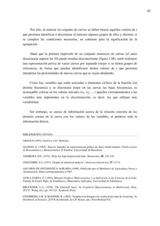 95
Por ello, al analizar un conjunto de curvas se deben buscar aquellos valores de t
que permiten identificar o discriminar al máximo algunos grupos de ellos y efectuar, si
se cumplen las condiciones necesarias, un contraste para la significación de la
agrupación.
Dado que la primera impresión de un conjunto numeroso de curvas (el autor
desaconseja superar las 10) puede resultar desconcertante (figura 1.48), suele realizarse
una representación previa de varias curvas por separado (mejor si se tienen grupos de
referencia), de forma que pueden identificarse dichos valores de t que permitan
interpretar las proximidades de nuevas curvas que se vayan añadiendo.
Como hay variables que están asociadas a elementos cíclicos de la función con
distinta frecuencia y se discrimina mejor en las curvas las bajas frecuencias, es
aconsejable colocar en los valores iniciales (x1, x2, ... ) aquellos correspondientes a las
variables más importantes en la discriminación, es decir, las que reflejan más
variabilidad.
Sin embargo, se carece de información acerca de la relación concreta de las
distintas crestas de la curva con los valores de las variables, al perderse toda la
información directa.
BIBLIOGRAFIA CITADA
ABACUS (1993). StatView 4.01. Berkeley.
ALONSO, G. (1982). 'Nuevos métodos de representación gráfica de datos multivariantes. Publicaciones
de Bioestadística y Biomatemática. 5. Eunibar. Universidad de Barcelona.
ANDREWS, D.F. (1972). 'Plots for high dimensional data'. Biometrika, 28: 125-136.
ANSCOMBE, F.J. (1973). 'Graphs in statistical analysis'. American Statistician, 27: 17-21.
ANUARIO DE ESTADISTICA AGRARIA (1990). Publicado por el Ministerio de Agricultura, Pesca y
Alimentación. Datos correspondientes a 1987.
AVILA-ZARZA, C. (1993). Métodos Gráficos Multivariantes y su Aplicación en las Ciencias de la Vida.
Trabajo de Grado. Dpto. de Estadística y Matemática Aplicadas. Universidad de Salamanca.
BRUCKNER, L.A. (1978). 'On Chernoff faces'. In Graphical Representation of Multivariate Data.
(P.C.C. Wang, ed.). pp.: 93-121. Academic Press.
CHAMBERS, J.M. & KLEINER, B. (1982). 'Graphical techniques for multivariate data & clustering'. In
Handbook of Statistics. 2 (P.R. Krishnaiah, & L.N. Kanal, eds.) Nort-Holland P.C.
 
