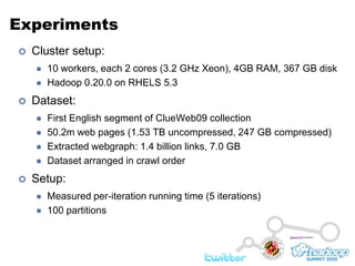 ExperimentsCluster setup:10 workers, each 2 cores (3.2 GHz Xeon), 4GB RAM, 367 GB diskHadoop 0.20.0 on RHELS 5.3Dataset:First English segment of ClueWeb09 collection50.2m web pages (1.53 TB uncompressed, 247 GB compressed)Extracted webgraph: 1.4 billion links, 7.0 GBDataset arranged in crawl orderSetup:Measured per-iteration running time (5 iterations)100 partitions