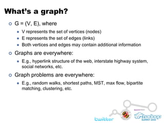 What’s a graph?G = (V, E), whereV represents the set of vertices (nodes)E represents the set of edges (links)Both vertices and edges may contain additional informationGraphs are everywhere:E.g., hyperlink structure of the web, interstate highway system, social networks, etc.Graph problems are everywhere:E.g., random walks, shortest paths, MST, max flow, bipartite matching, clustering, etc.