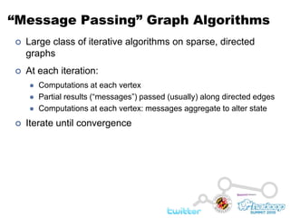 “Message Passing” Graph AlgorithmsLarge class of iterative algorithms on sparse, directed graphsAt each iteration:Computations at each vertexPartial results (“messages”) passed (usually) along directed edgesComputations at each vertex: messages aggregate to alter stateIterate until convergence