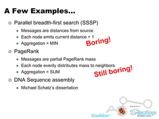 A Few Examples…Parallel breadth-first search (SSSP)Messages are distances from sourceEach node emits current distance + 1Aggregation = MINPageRankMessages are partial PageRank massEach node evenly distributes mass to neighborsAggregation = SUMDNA Sequence assemblyMichael Schatz’s dissertationBoring!Still boring!