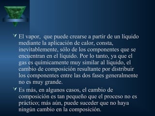  El vapor, que puede crearse a partir de un líquido
mediante la aplicación de calor, consta,
inevitablemente, sólo de los componentes que se
encuentran en el líquido. Por lo tanto, ya que el
gas es químicamente muy similar al líquido, el
cambio de composición resultante por distribuir
los componentes entre las dos fases generalmente
no es muy grande.
 Es más, en algunos casos, el cambio de
composición es tan pequeño que el proceso no es
práctico; más aún, puede suceder que no haya
ningún cambio en la composición.
 