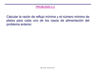 Calcular la razón de reflujo mínima y el número mínimo de
platos para cada uno de los casos de alimentación del
problema anterior.
PROBLEMA 2.2
Mg Sc Ing. Armenio Silva
 
