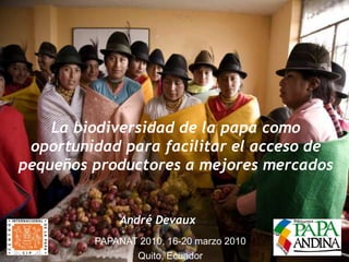 La biodiversidad de la papa como
oportunidad para facilitar el acceso de
pequeños productores a mejores mercados
André Devaux
PAPANAT 2010, 16-20 marzo 2010
Quito, Ecuador
 