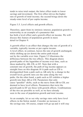 tends to raise total output; the latter effect tends to lower
savings and investment. The first effect drives the higher
rate of growth of total income; the second brings down the
steady-state level of per capita income.
Figure 3.5. Level effects and growth effects.
Therefore, apart from its intrinsic interest, population growth is
noteworthy as an example of a parameter that
has both a level effect and a growth effect on income. We will
discuss this feature of population growth in more
detail in Chapter 9.
A growth effect is an effect that changes the rate of growth of a
variable, typically income or per capita income.
A level effect, in contrast, leaves the rate of growth unchanged,
while shifting up (or down) the entire path traced
out by the variable over time. Figure 3.5 illustrates the
difference between the two effects. This diagram draws
growth paths of the logarithm of income over time, such as
those marked by AB, CD, or EF. Note that with a
constant rate of growth, the path of log income appears as
straight lines on this diagram.10 A path such as CD is
distinguished from a path such as AB only by a change in the
overall level; growth rates are the same along the two
paths. On the other hand, a path such as EF exhibits a higher
growth rate than AB or CD. Parameters that only
cause “parallel” shifts, such as the move from AB to CD, are
deemed to have level effects. Parameters that twist the
growth path to EF are those with growth effects. Combinations
of the two are possible as well, as we have already
seen in the case of population growth and total income.
As an example, let us see why savings rates only have level
effects in the Solow model. Consider an increase in
the savings rate. Of course, output will go up and it will stay
 