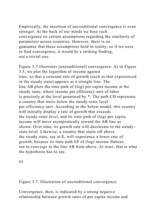 Empirically, the assertion of unconditional convergence is even
stronger. At the back of our minds we base such
convergence on certain assumptions regarding the similarity of
parameters across countries. However, there is no
guarantee that these assumptions hold in reality, so if we were
to find convergence, it would be a striking finding,
not a trivial one.
Figure 3.7 illustrates (unconditional) convergence. As in Figure
3.5, we plot the logarithm of income against
time, so that a constant rate of growth (such as that experienced
in the steady state) appears as a straight line. The
line AB plots the time path of (log) per capita income at the
steady state, where income per efficiency unit of labor
is precisely at the level generated by *. The path CD represents
a country that starts below the steady-state level
per efficiency unit. According to the Solow model, this country
will initially display a rate of growth that exceeds
the steady-state level, and its time path of (log) per capita
income will move asymptotically toward the AB line as
shown. Over time, its growth rate will decelerate to the steady-
state level. Likewise, a country that starts off above
the steady state, say at E, will experience a lower rate of
growth, because its time path EF of (log) income flattens
out to converge to the line AB from above. At least, that is what
the hypothesis has to say.
63
Figure 3.7. Illustration of unconditional convergence.
Convergence, then, is indicated by a strong negative
relationship between growth rates of per capita income and
 