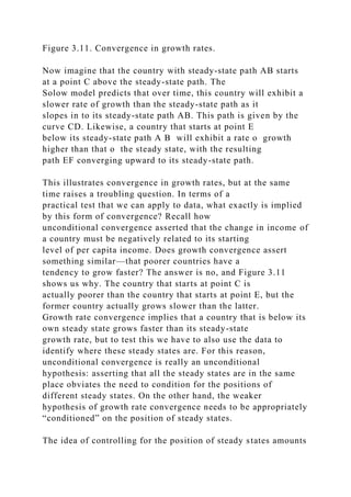 Figure 3.11. Convergence in growth rates.
Now imagine that the country with steady-state path AB starts
at a point C above the steady-state path. The
Solow model predicts that over time, this country will exhibit a
slower rate of growth than the steady-state path as it
slopes in to its steady-state path AB. This path is given by the
curve CD. Likewise, a country that starts at point E
below its steady-state path A B will exhibit a rate o growth
higher than that o the steady state, with the resulting
path EF converging upward to its steady-state path.
This illustrates convergence in growth rates, but at the same
time raises a troubling question. In terms of a
practical test that we can apply to data, what exactly is implied
by this form of convergence? Recall how
unconditional convergence asserted that the change in income of
a country must be negatively related to its starting
level of per capita income. Does growth convergence assert
something similar—that poorer countries have a
tendency to grow faster? The answer is no, and Figure 3.11
shows us why. The country that starts at point C is
actually poorer than the country that starts at point E, but the
former country actually grows slower than the latter.
Growth rate convergence implies that a country that is below its
own steady state grows faster than its steady-state
growth rate, but to test this we have to also use the data to
identify where these steady states are. For this reason,
unconditional convergence is really an unconditional
hypothesis: asserting that all the steady states are in the same
place obviates the need to condition for the positions of
different steady states. On the other hand, the weaker
hypothesis of growth rate convergence needs to be appropriately
“conditioned” on the position of steady states.
The idea of controlling for the position of steady states amounts
 