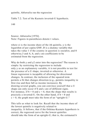 quintile, Ahluwalia ran the regression
Table 7.2. Test of the Kuznets inverted-U hypothesis.
140
Source: Ahluwalia [1976].
Note: Figures in parentheses denote t values.
where si is the income share of the ith quintile, y is the
logarithm of per capita GNP, D is a dummy variable that
takes the value 1 if the country in question is socialist, and 0
otherwise,3 and A, b, and c are coefficients to be
estimated from the regression.
Why do both y and y2 enter into the regression? The reason is
simple: by restricting the regression to include
only y as an explanatory variable, it is not possible to test for
the presence of a U shape, inverted or otherwise. A
linear regression is incapable of allowing for directional
changes. In contrast, the inclusion of the squared term
permits a fit that changes direction (e.g., permits inequality to
first rise and then fall as income increases). By
drawing several graphs, you can convince yourself that a U
shape can only occur if b and c are of different signs.
For instance, if b > 0 and c < 0, then the shape that results is
precisely a inverted-U. On the other hand, if b < 0 and
c > 0, the graph must take the form of an “upright-U.”
This tells us what to look for. Recall that the income share of
the lowest quintile is negatively related to
inequality. It follows, that if the Oshima-Kuznets hypothesis is
correct, the regressed curve for the lowest quintiles
should take the form of an upright-U; that is, the estimated b
 