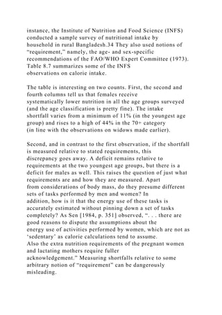 instance, the Institute of Nutrition and Food Science (INFS)
conducted a sample survey of nutritional intake by
household in rural Bangladesh.34 They also used notions of
“requirement,” namely, the age- and sex-specific
recommendations of the FAO/WHO Expert Committee (1973).
Table 8.7 summarizes some of the INFS
observations on calorie intake.
The table is interesting on two counts. First, the second and
fourth columns tell us that females receive
systematically lower nutrition in all the age groups surveyed
(and the age classification is pretty fine). The intake
shortfall varies from a minimum of 11% (in the youngest age
group) and rises to a high of 44% in the 70+ category
(in line with the observations on widows made earlier).
Second, and in contrast to the first observation, if the shortfall
is measured relative to stated requirements, this
discrepancy goes away. A deficit remains relative to
requirements at the two youngest age groups, but there is a
deficit for males as well. This raises the question of just what
requirements are and how they are measured. Apart
from considerations of body mass, do they presume different
sets of tasks performed by men and women? In
addition, how is it that the energy use of these tasks is
accurately estimated without pinning down a set of tasks
completely? As Sen [1984, p. 351] observed, “. . . there are
good reasons to dispute the assumptions about the
energy use of activities performed by women, which are not as
‘sedentary’ as calorie calculations tend to assume.
Also the extra nutrition requirements of the pregnant women
and lactating mothers require fuller
acknowledgement.” Measuring shortfalls relative to some
arbitrary notion of “requirement” can be dangerously
misleading.
 